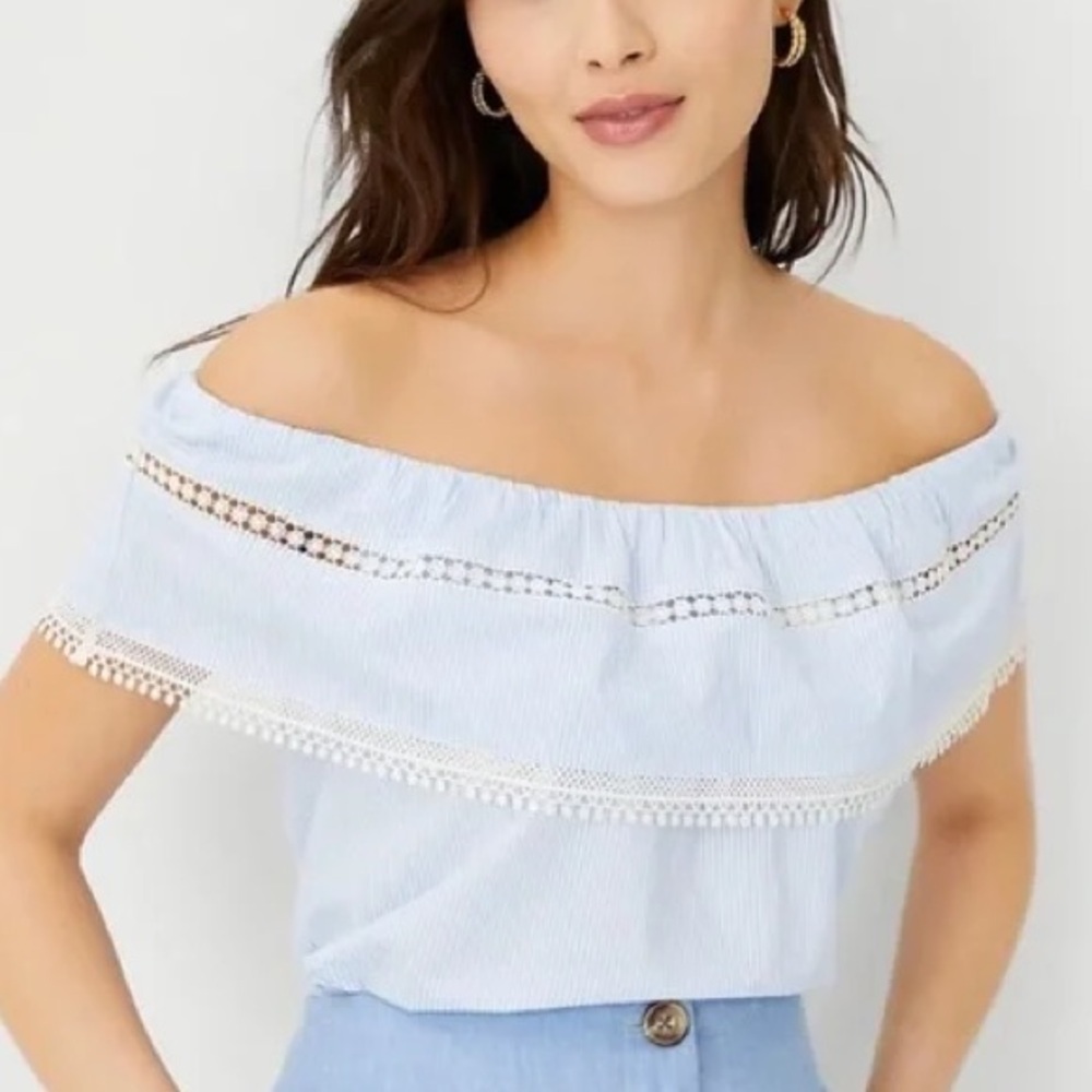 Ann Taylor XS Blue Striped Preppy Coastal Ruffle Lace Trim Off The Shoulder Top